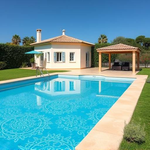 Piscina con cesped y casa de verano en Aguilas
